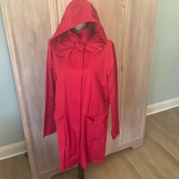 London Fog Red trench rain hooded coat spring water resistant zip button Sz L - Picture 1 of 15